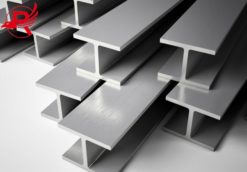 Some galvanized h beams are neatly arranged