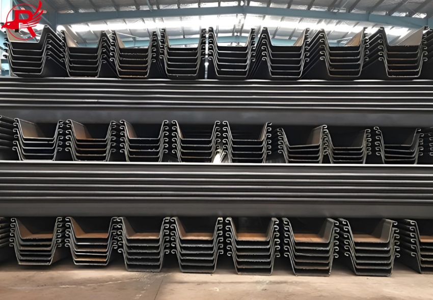 Steel sheet piles are neatly stacked together