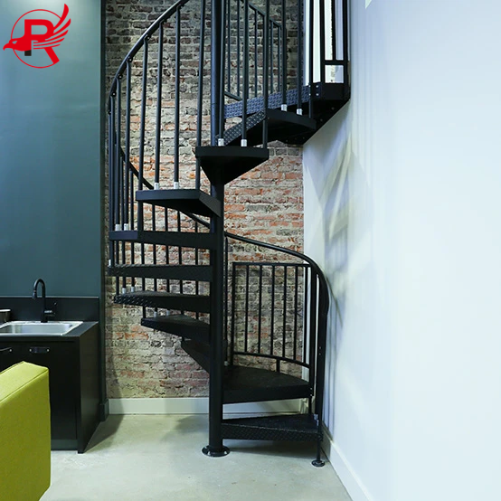 An outdoor spiral steel staircase