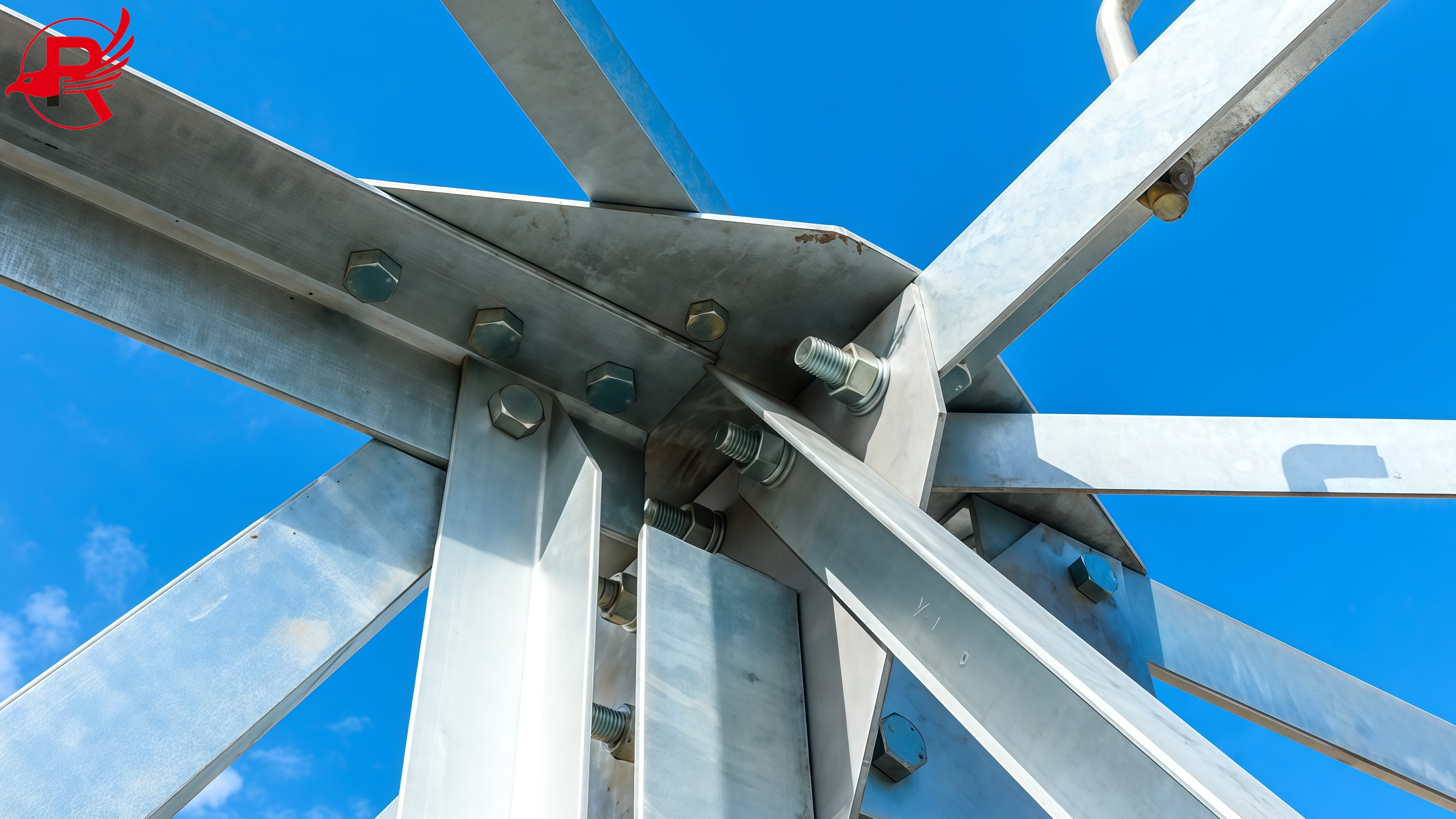 High voltage electric pillar from under. A high-voltage electricity tower. A High-voltage power transmission tower