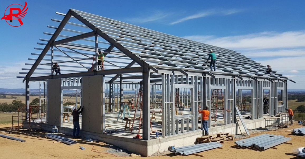 Workers are assembling precast steel structures